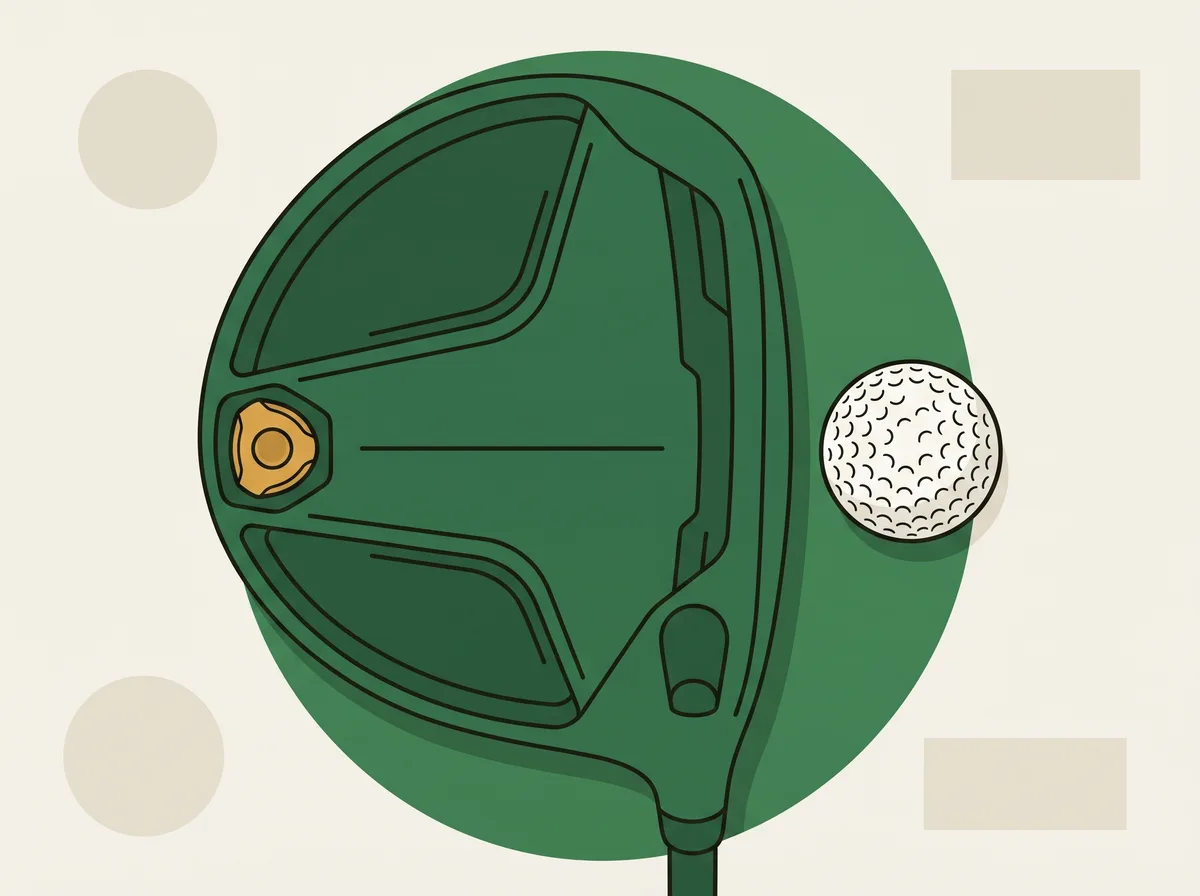 A driver head seen from directly above with a single golf ball resting beside it for scale