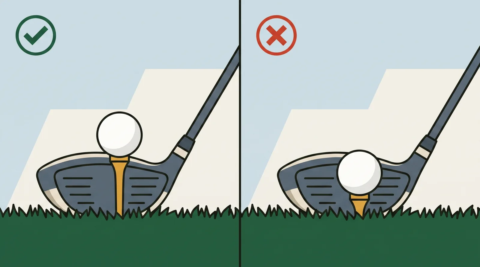 Two panels comparing a ball teed high with half of it above the driver crown against a ball teed too low beside the same driver head