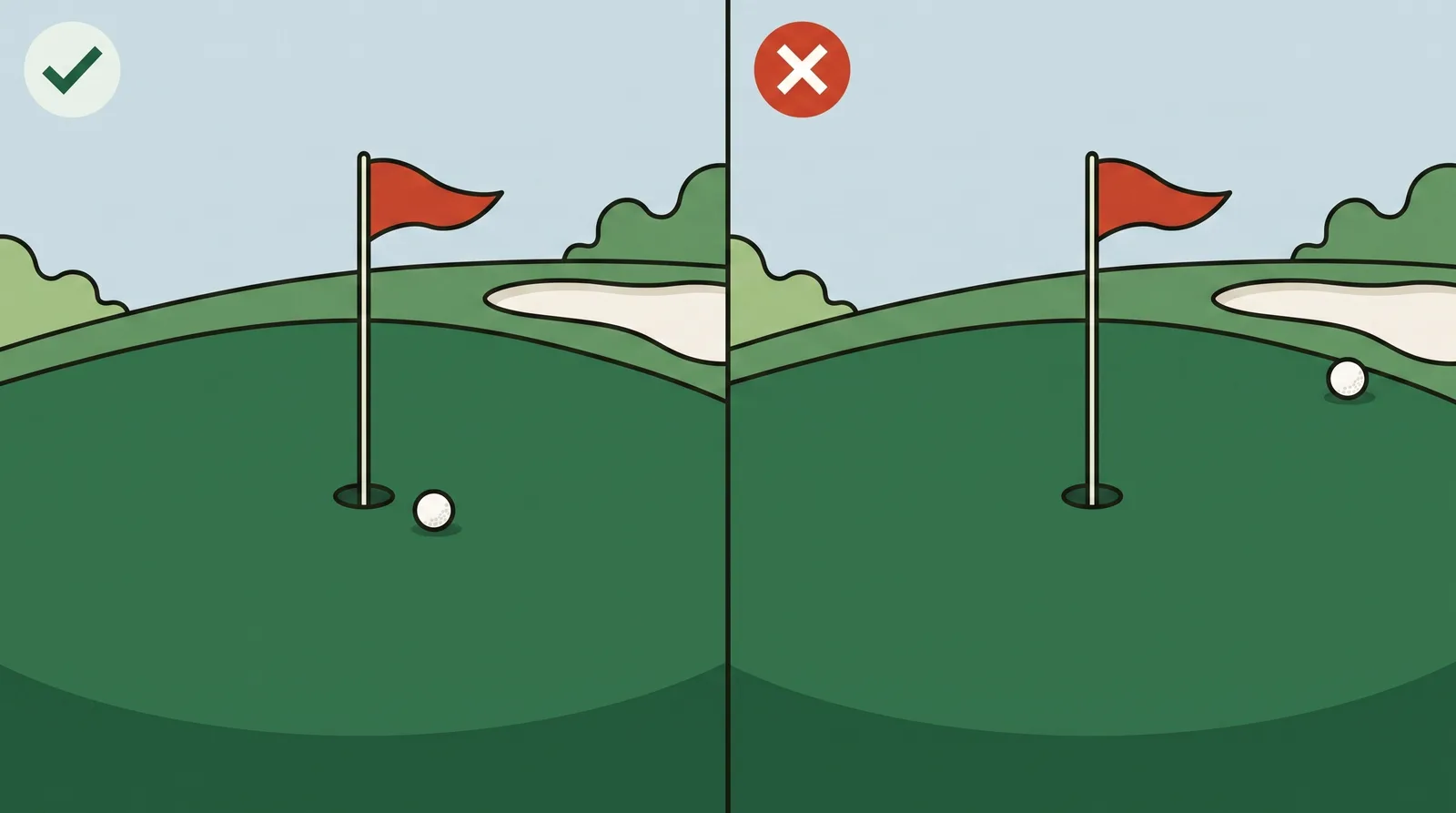 Two panels comparing a golf ball resting close to the flagstick against a ball resting far away near the edge of the green