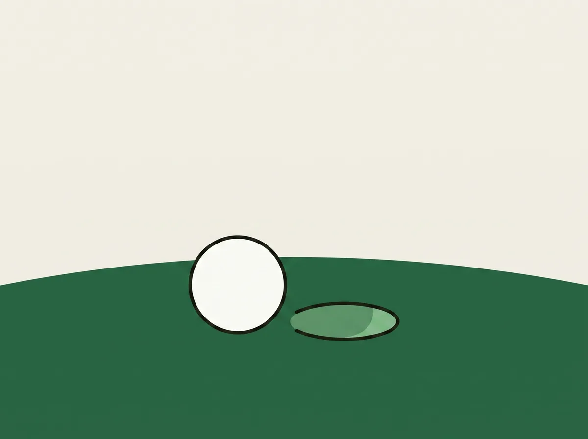 A golf ball resting on a putting green beside a small fresh pitch mark in the turf