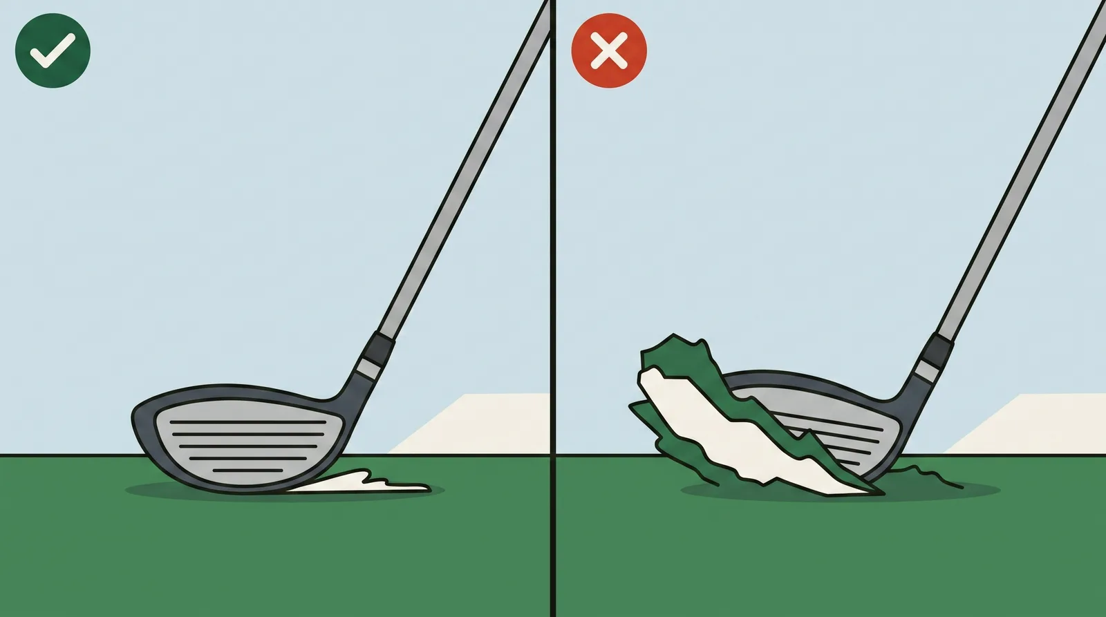 Two panels comparing a fairway wood leaving a shallow scuff of turf against the same club buried in a deep gouge