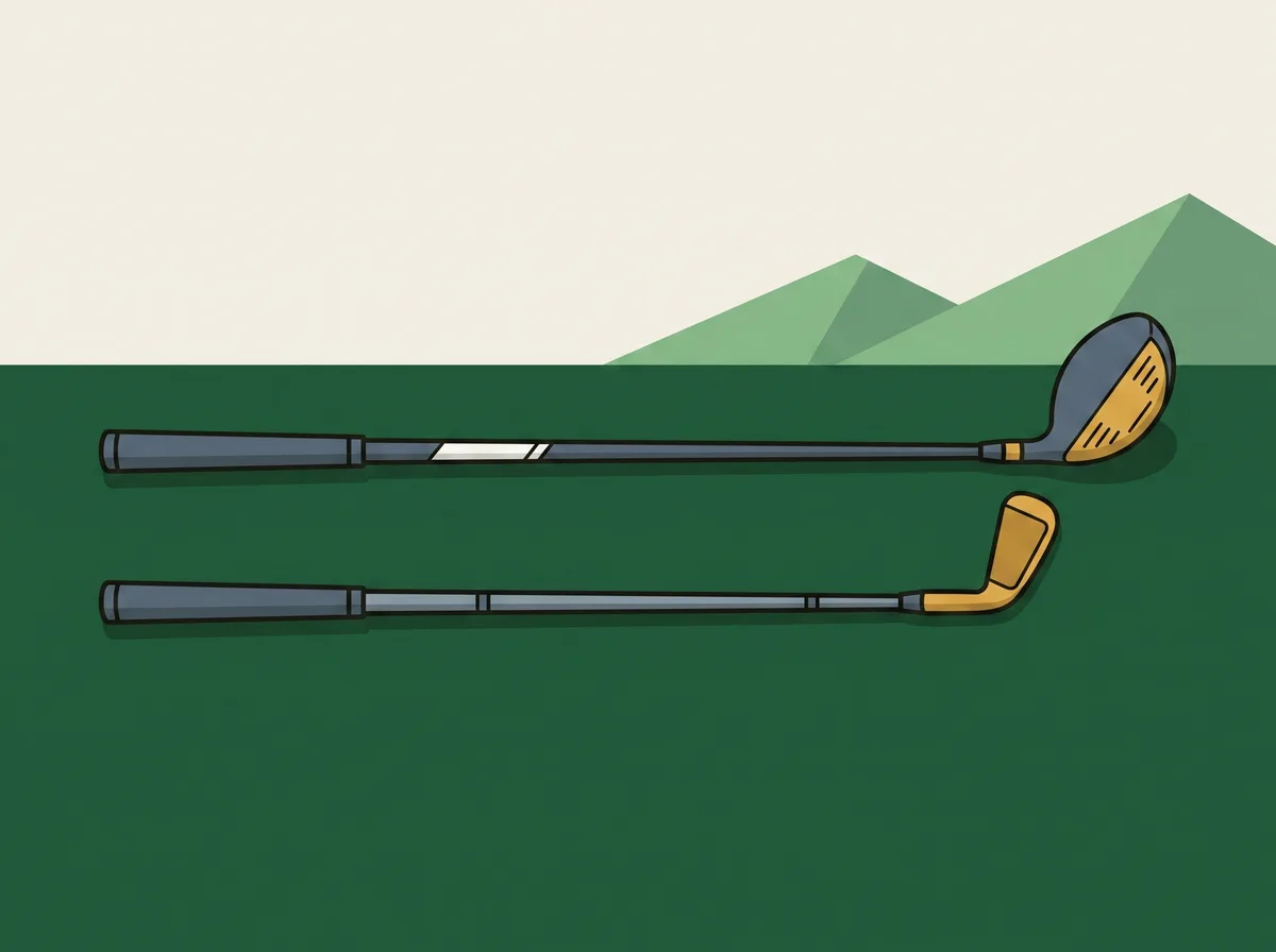A fairway wood and a mid iron laid side by side on short grass, the wood clearly the longer club