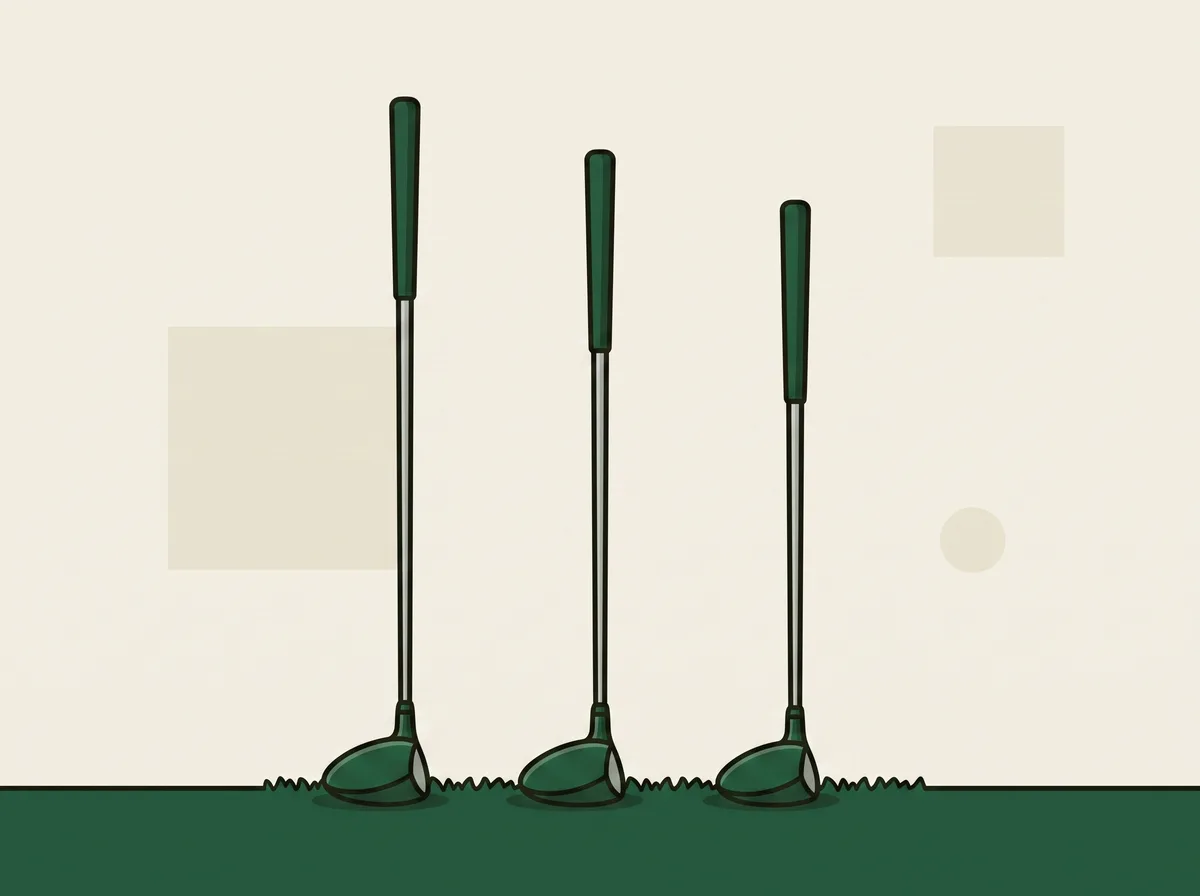 Three fairway woods standing side by side on short grass, each one slightly shorter than the last