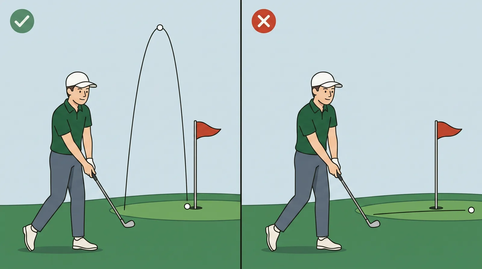 Comparison of a flop shot climbing steeply and dropping by the flag against a thinned shot shooting out low and flat past the green