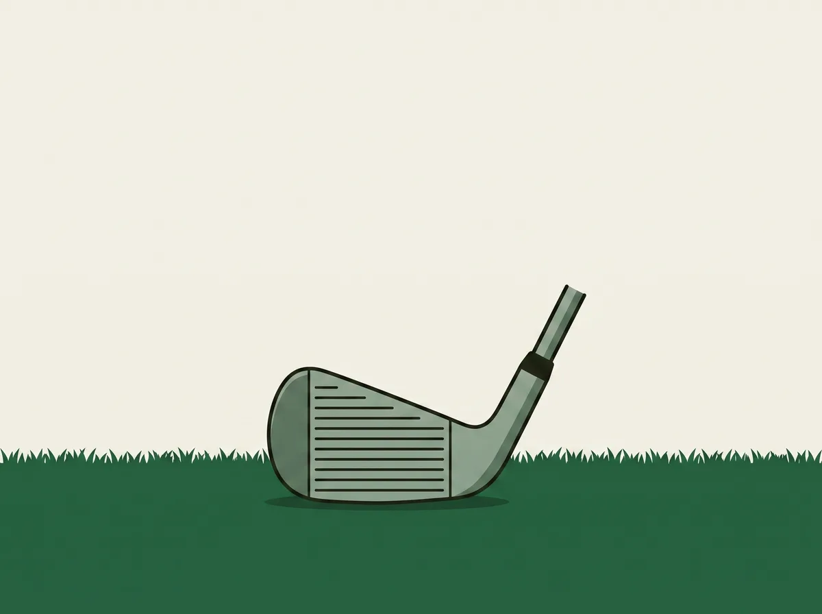 A single lofted wedge resting on grass with the clubface laid back so it points up toward the sky