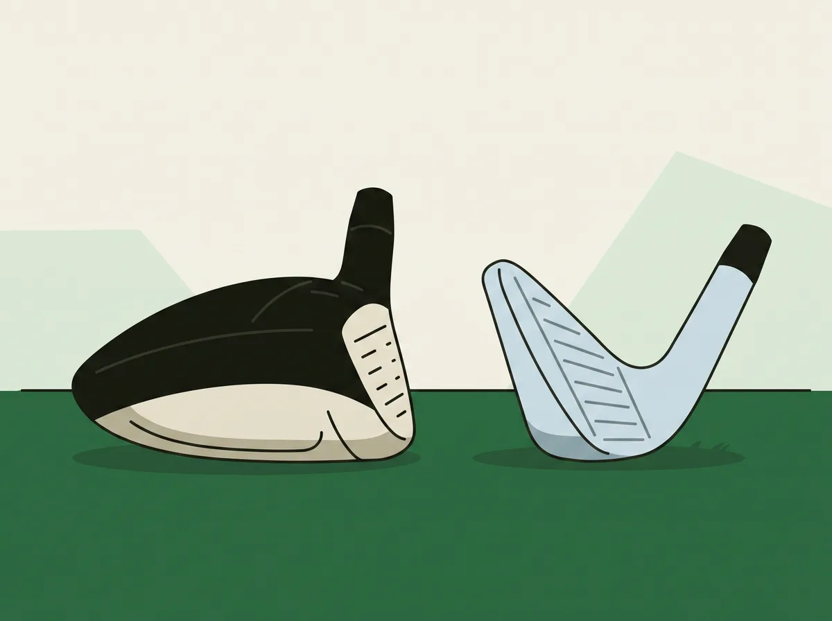 A hybrid head and a long iron head resting side by side on short grass showing the difference in body depth