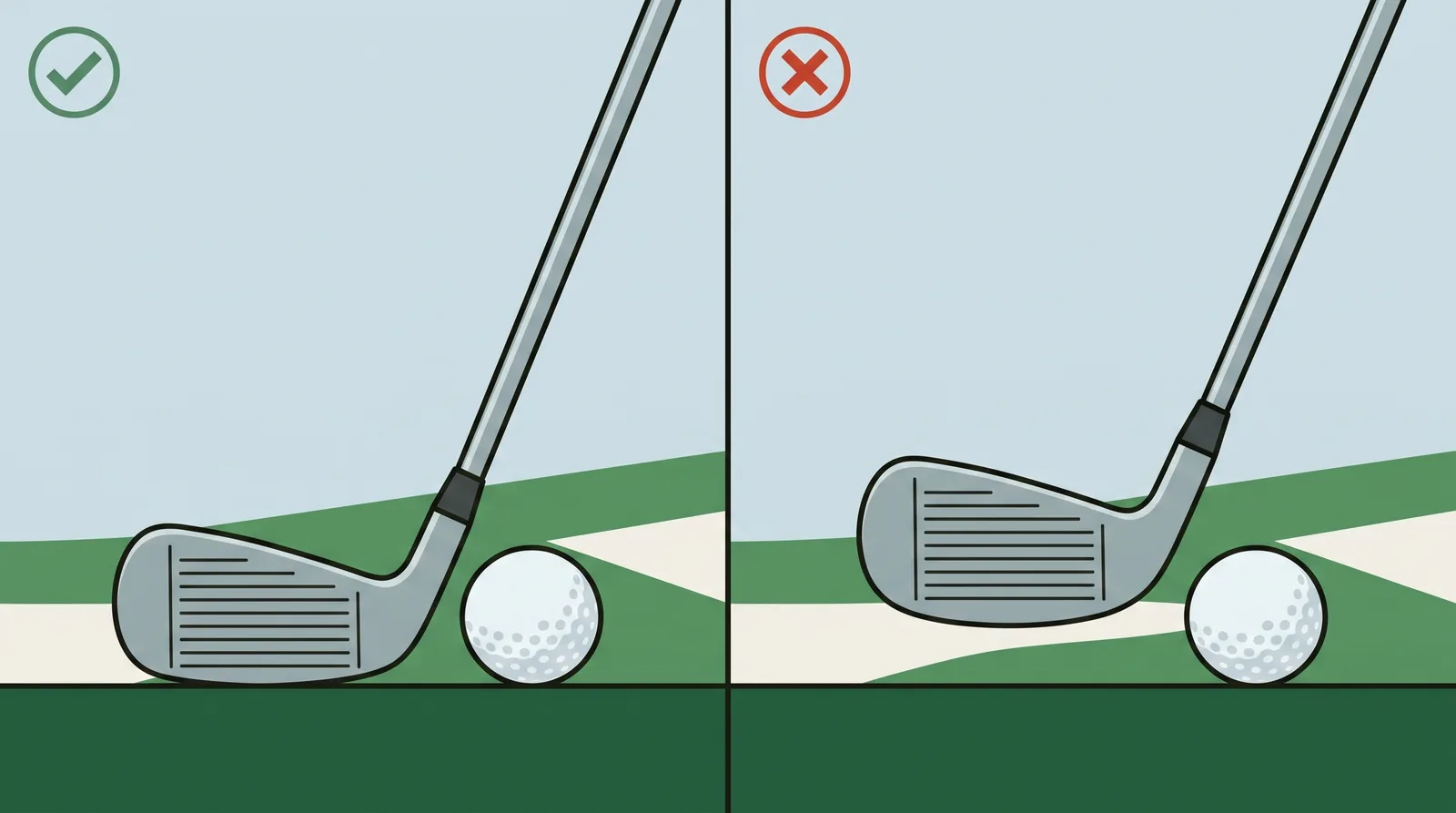 Two panels comparing a club sole reaching the bottom of the ball against a club head riding above the ground