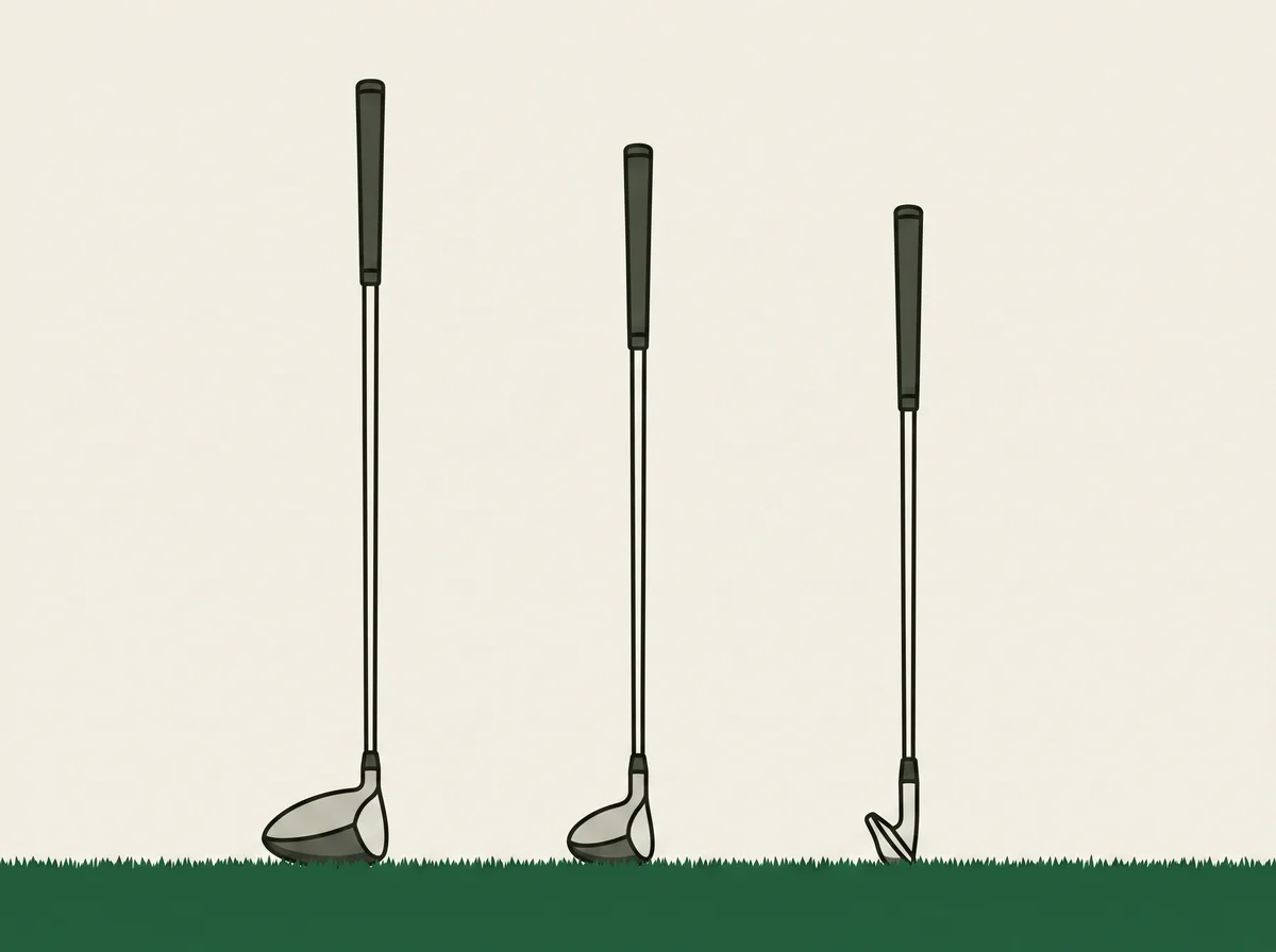 A fairway wood, a hybrid and a mid iron standing side by side on short grass at their real relative lengths