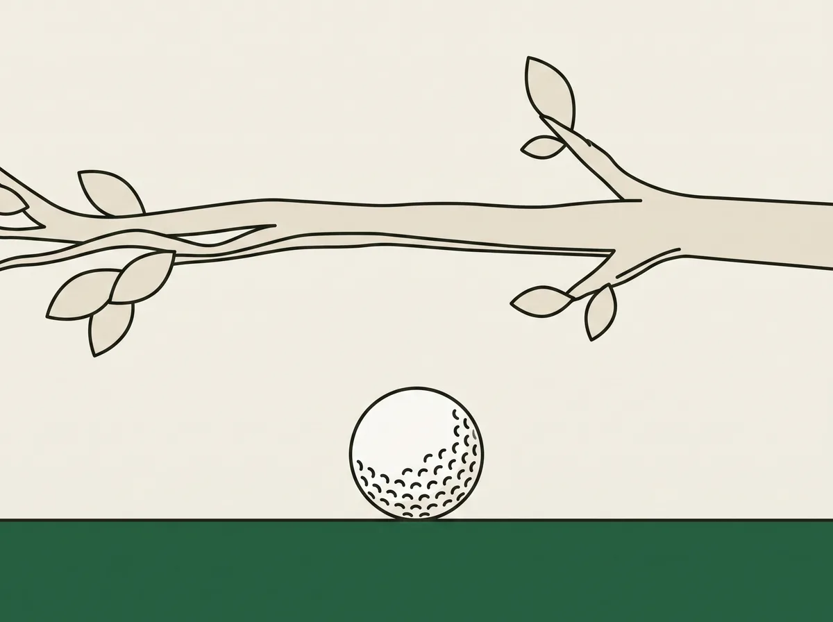 A golf ball resting on grass beneath a low overhanging leafy tree branch