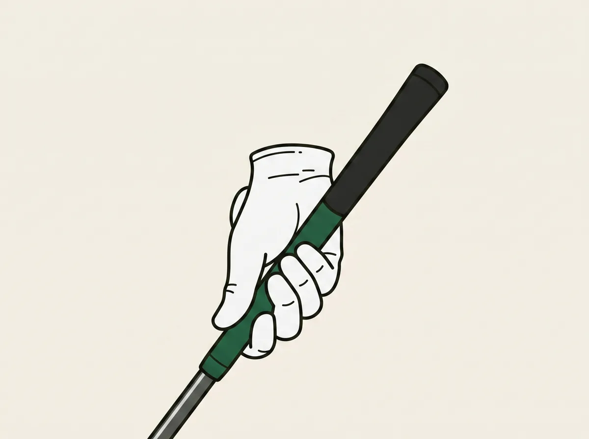 A gloved hand gripping a golf club low on the handle with the butt end of the grip standing above it