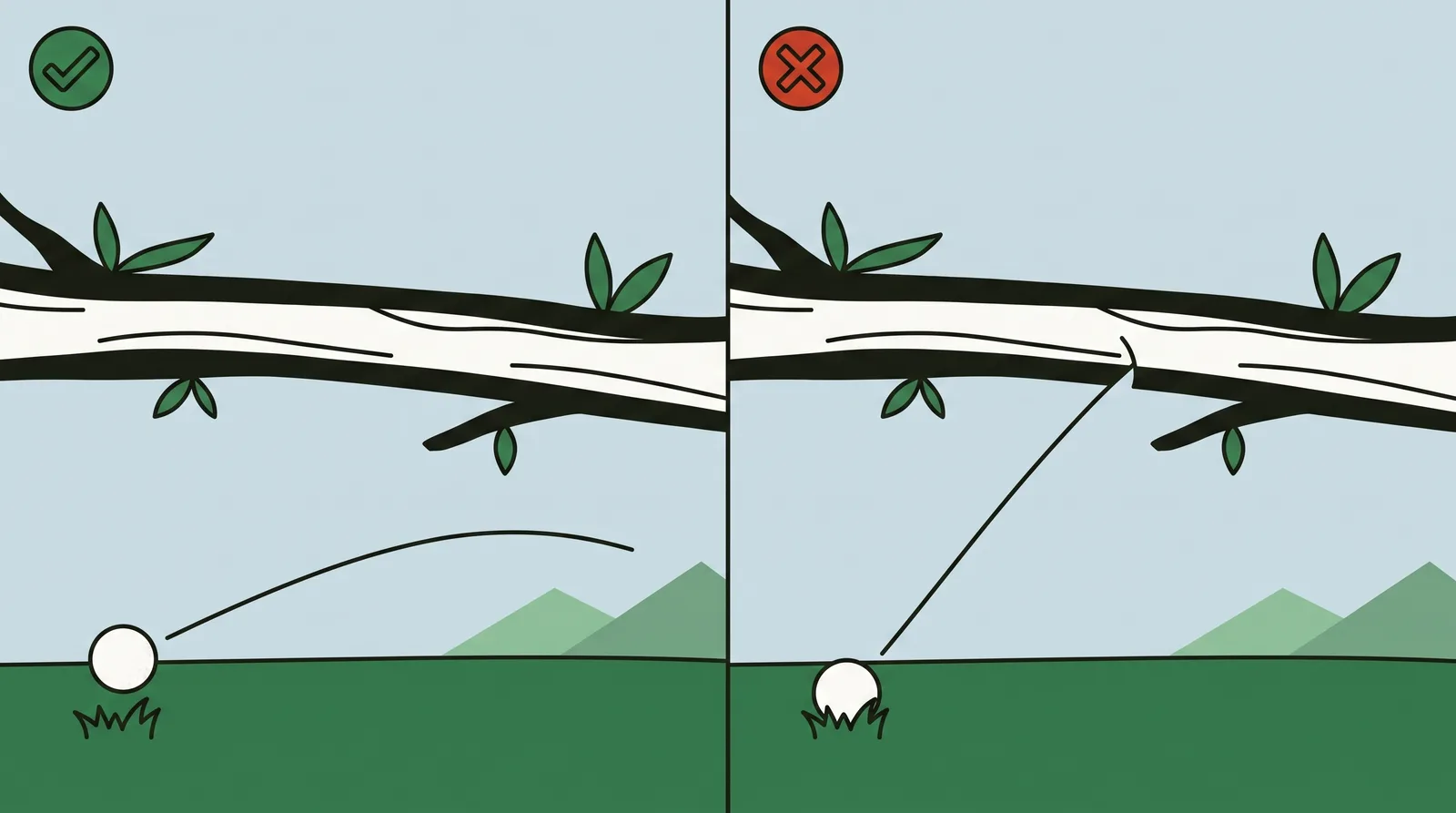 Two panels comparing a low ball flight passing beneath a branch against a higher flight striking it