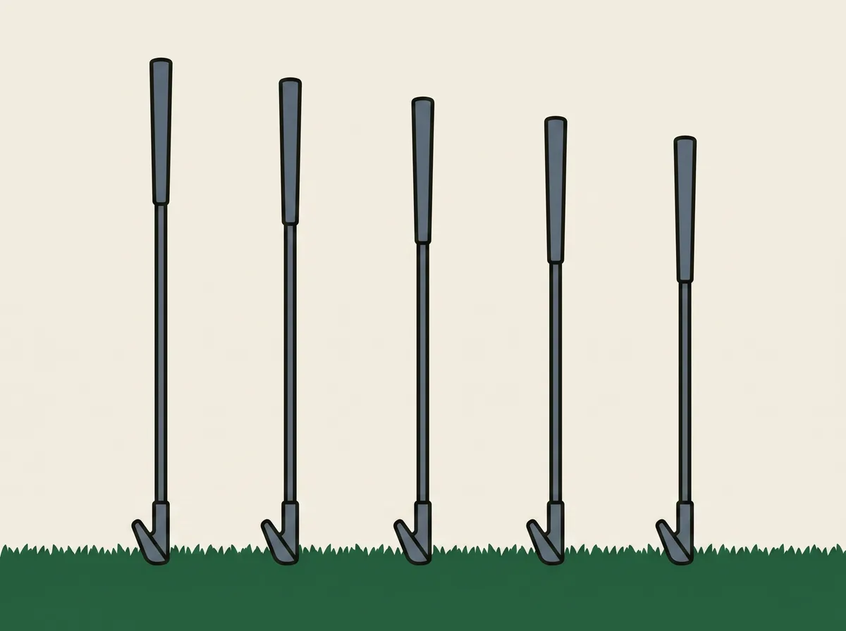 Five golf irons standing in a row on short grass with their heads resting on the turf