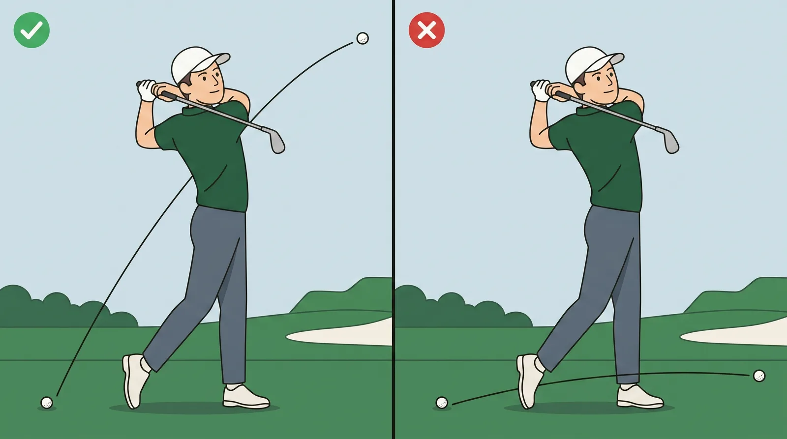 Two panels comparing a well struck iron shot climbing into the air against a thin shot skimming just above the ground