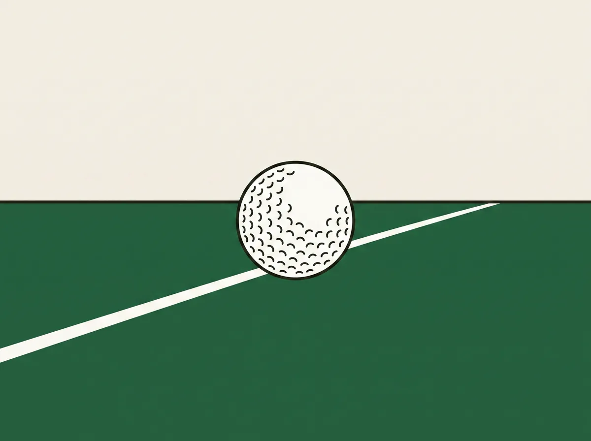 A golf ball resting on short grass beside a thin straight white line drawn across the turf