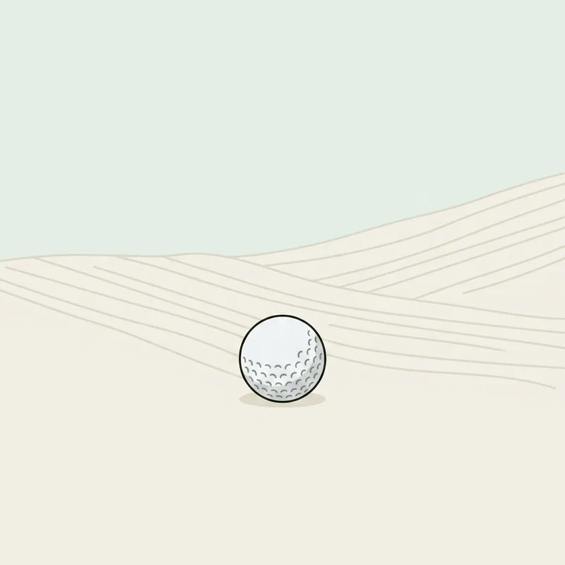 A golf ball resting on smooth raked bunker sand
