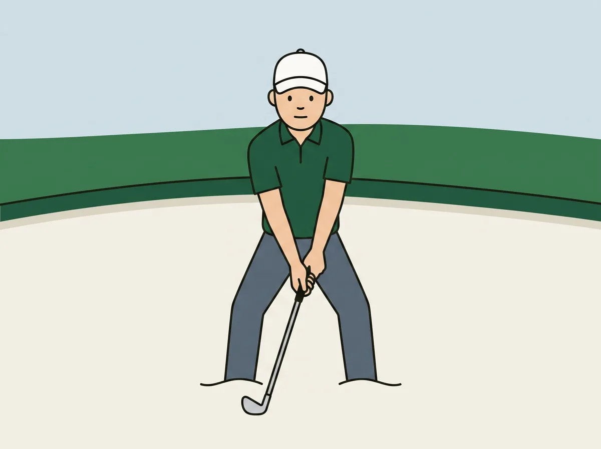 A golfer standing in a bunker with feet dug into the sand, a wide stance and flexed knees