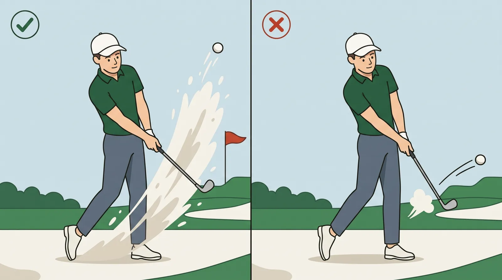 Comparison of a bunker shot with sand spraying forward and the ball lifting out against a shot where the club strikes the ball directly