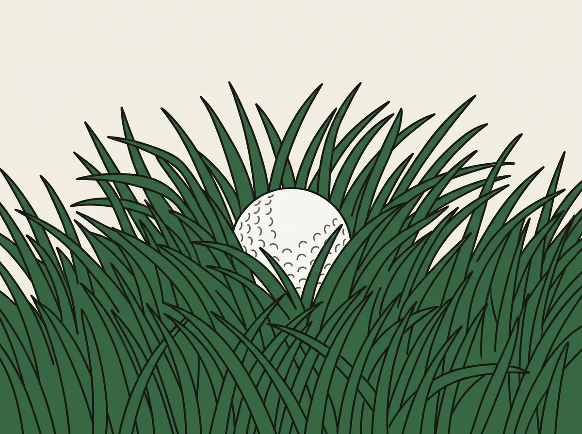 A golf ball nestled down among thick long grass blades that close over it