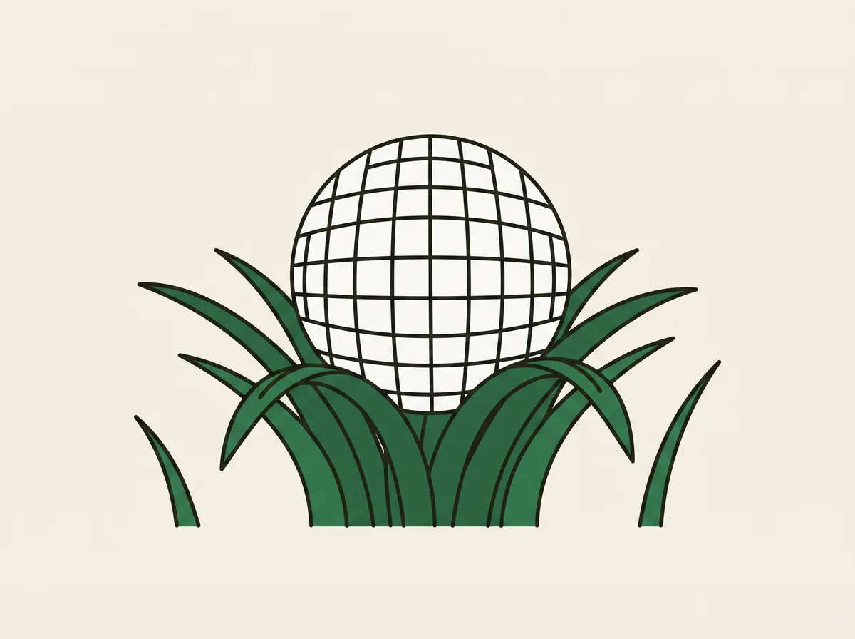 A golf ball perched on top of longer grass with the whole ball visible