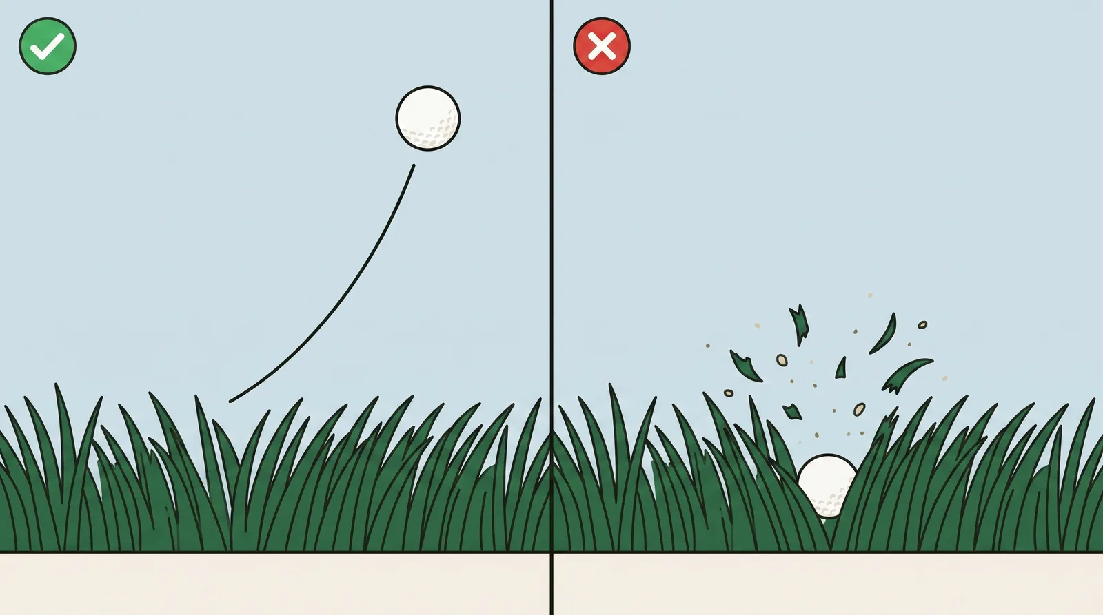 Two panels comparing a ball climbing steeply out of thick grass against a ball still sitting in the grass