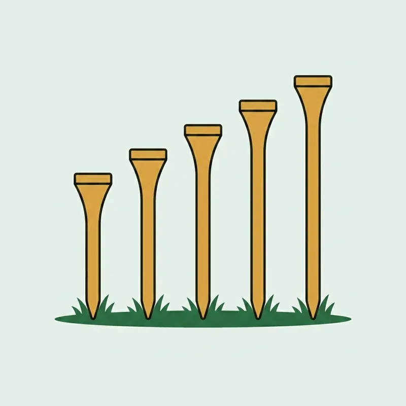 Five wooden golf tees of clearly different lengths standing upright in a row in short grass