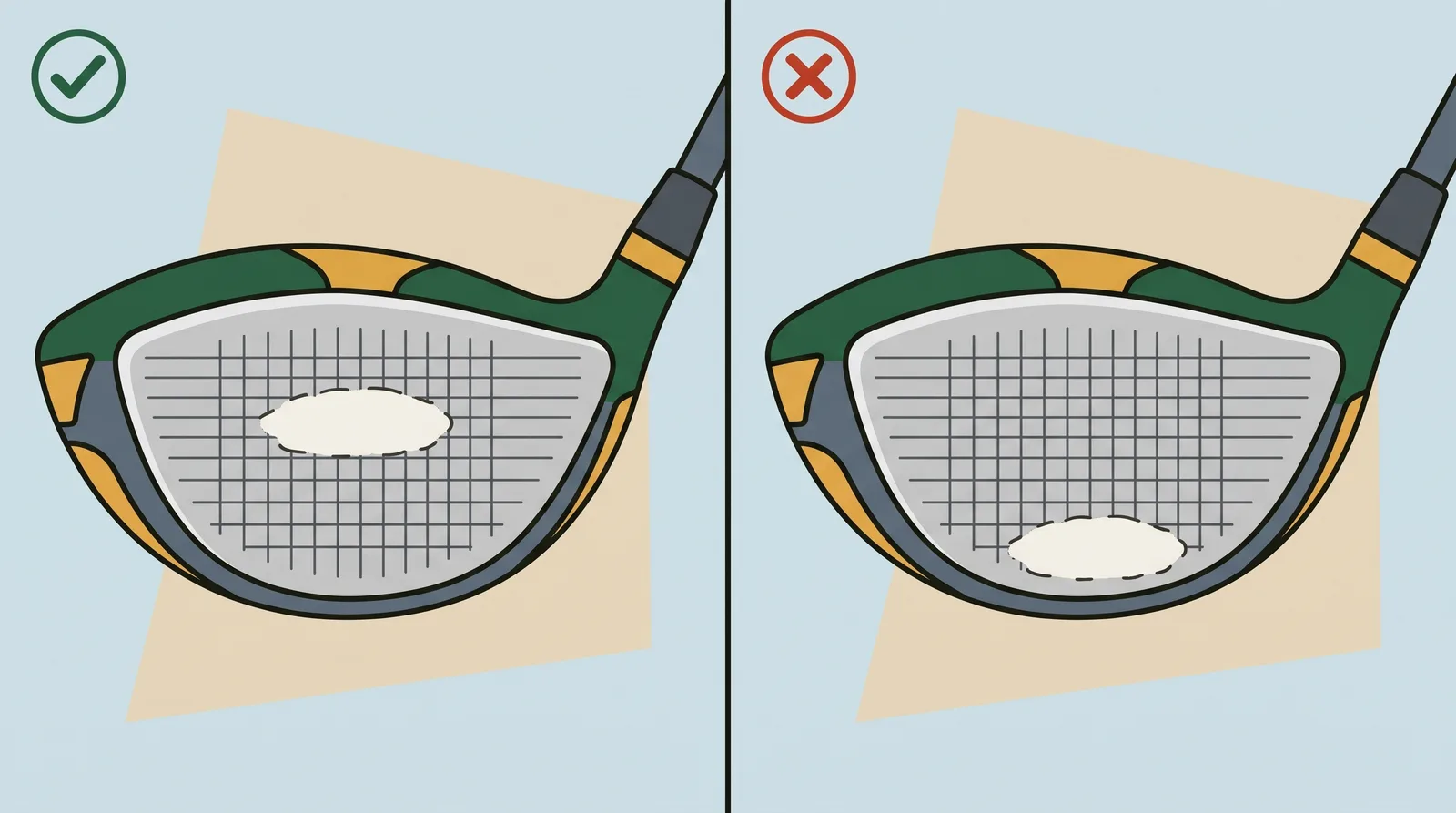 Comparison of a driver face with a strike mark at centre height against one with a strike mark near the bottom edge