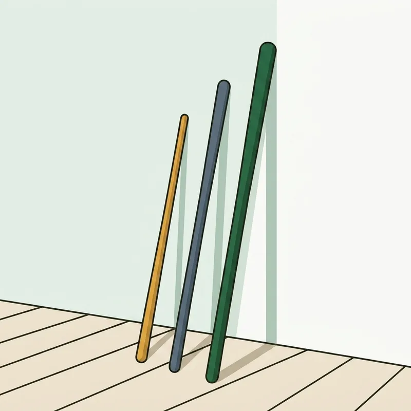 Three graduated swing training sticks leaning together against a wall