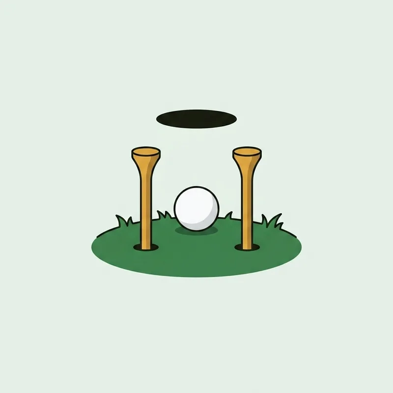 Two tees pushed into a practice green forming a narrow gate in front of a golf ball