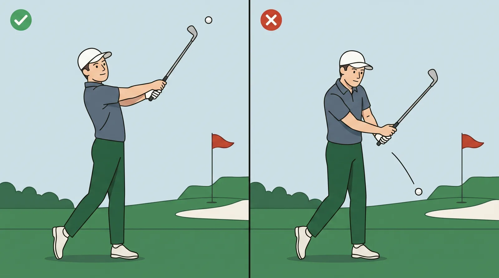 Comparison of a pitch finish with the chest turned to the target against a finish with the hands flipped past the clubhead