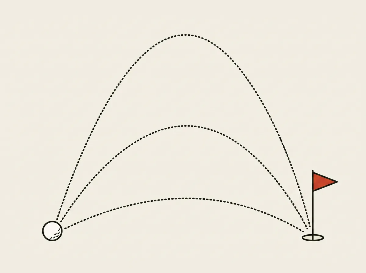 Three dotted trajectory arcs of different heights running from one golf ball to the same flag
