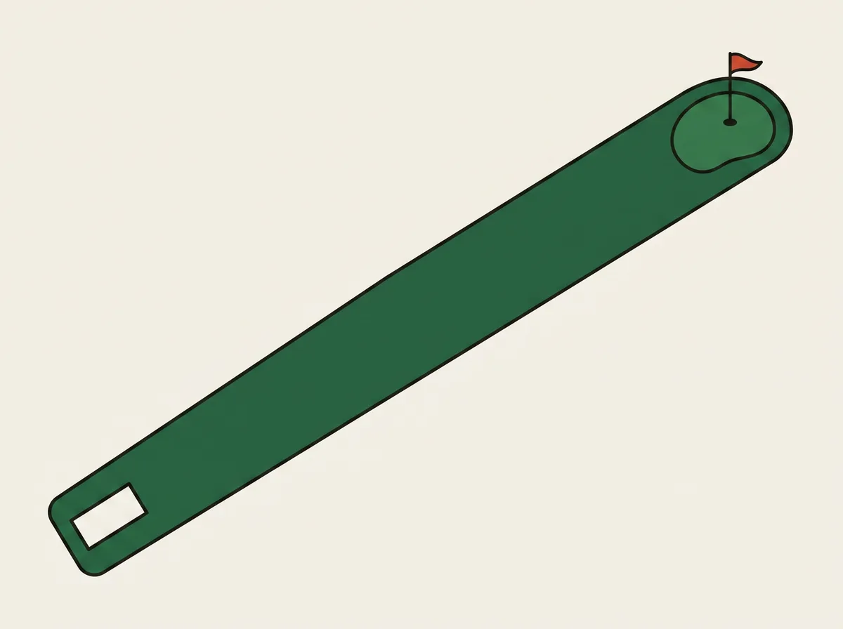 A long golf hole seen from directly overhead, with a teeing area, a fairway corridor and a green with a flagstick at the far end