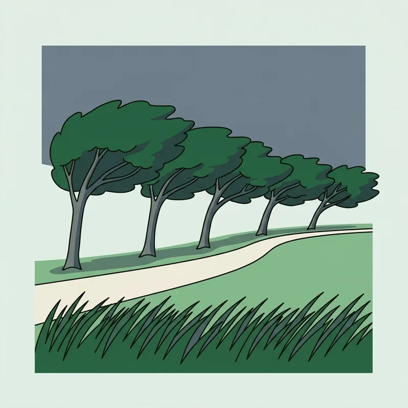 A fairway with trees bending in strong wind