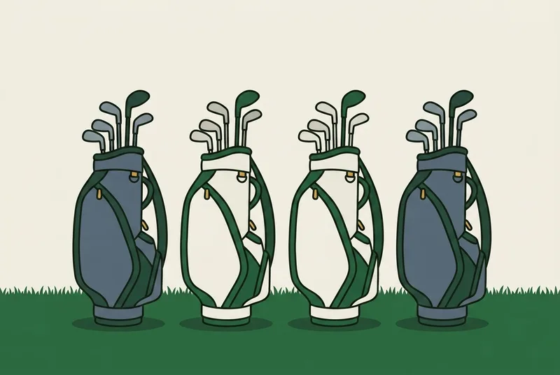 Four golf bags standing upright in a neat row on short grass