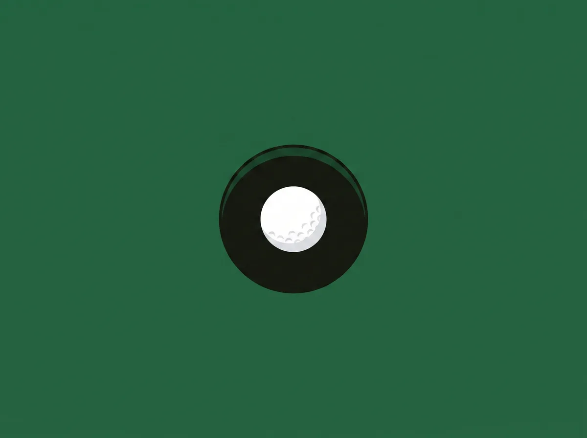 A golf hole seen from directly above with a single golf ball resting inside the cup