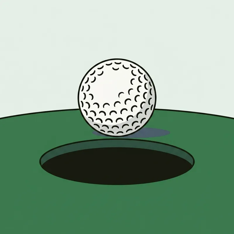A golf ball resting on the lip of the hole on a putting green