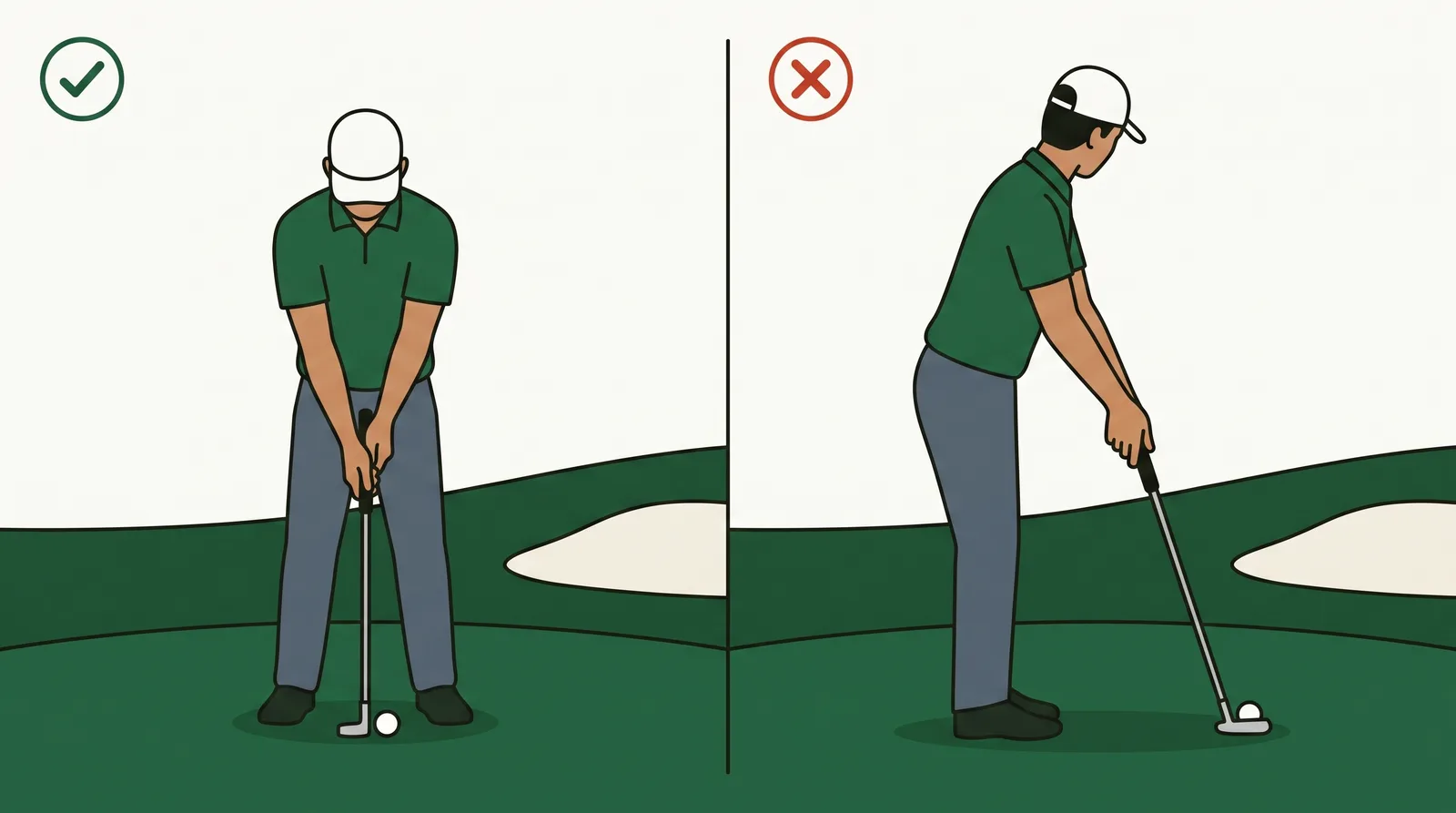 Comparison of a putting address with the head directly above the ball against one with the head well back and inside the line