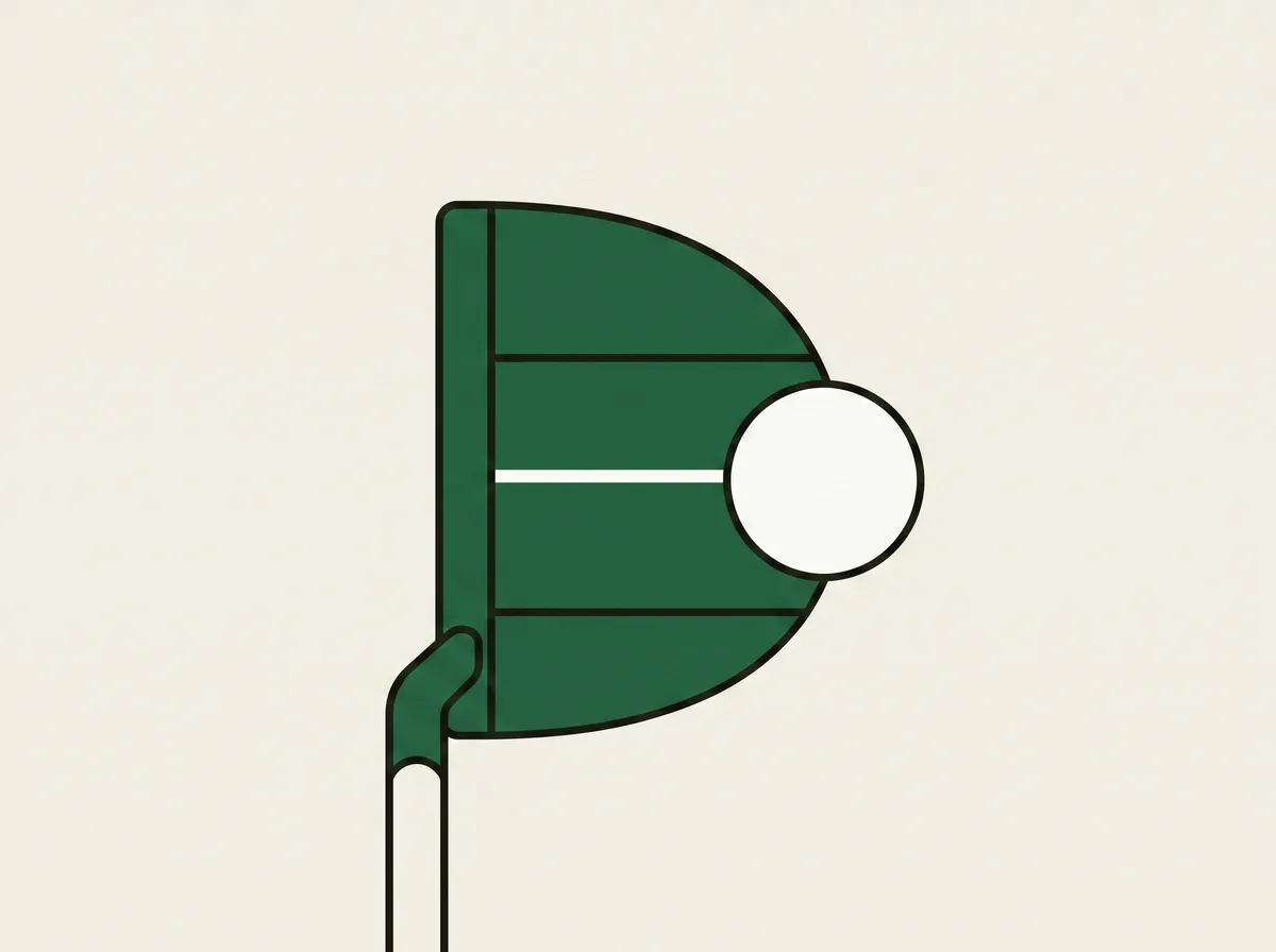 A putter head seen from directly above with a golf ball resting centred in front of the face