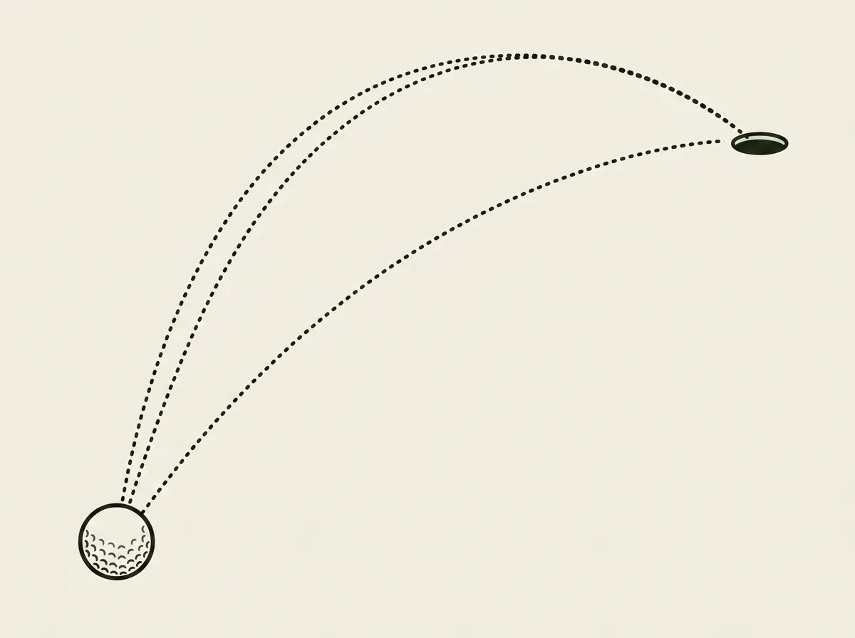 Three dotted curved lines of different curvature running from one golf ball to the same hole