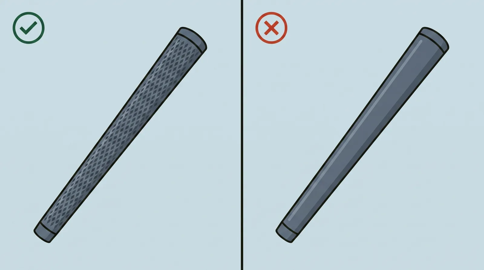 Two golf club grips side by side, one with crisp deep surface texture and one worn smooth and glazed