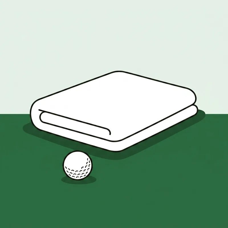 A folded towel laid on the grass a short distance behind a golf ball