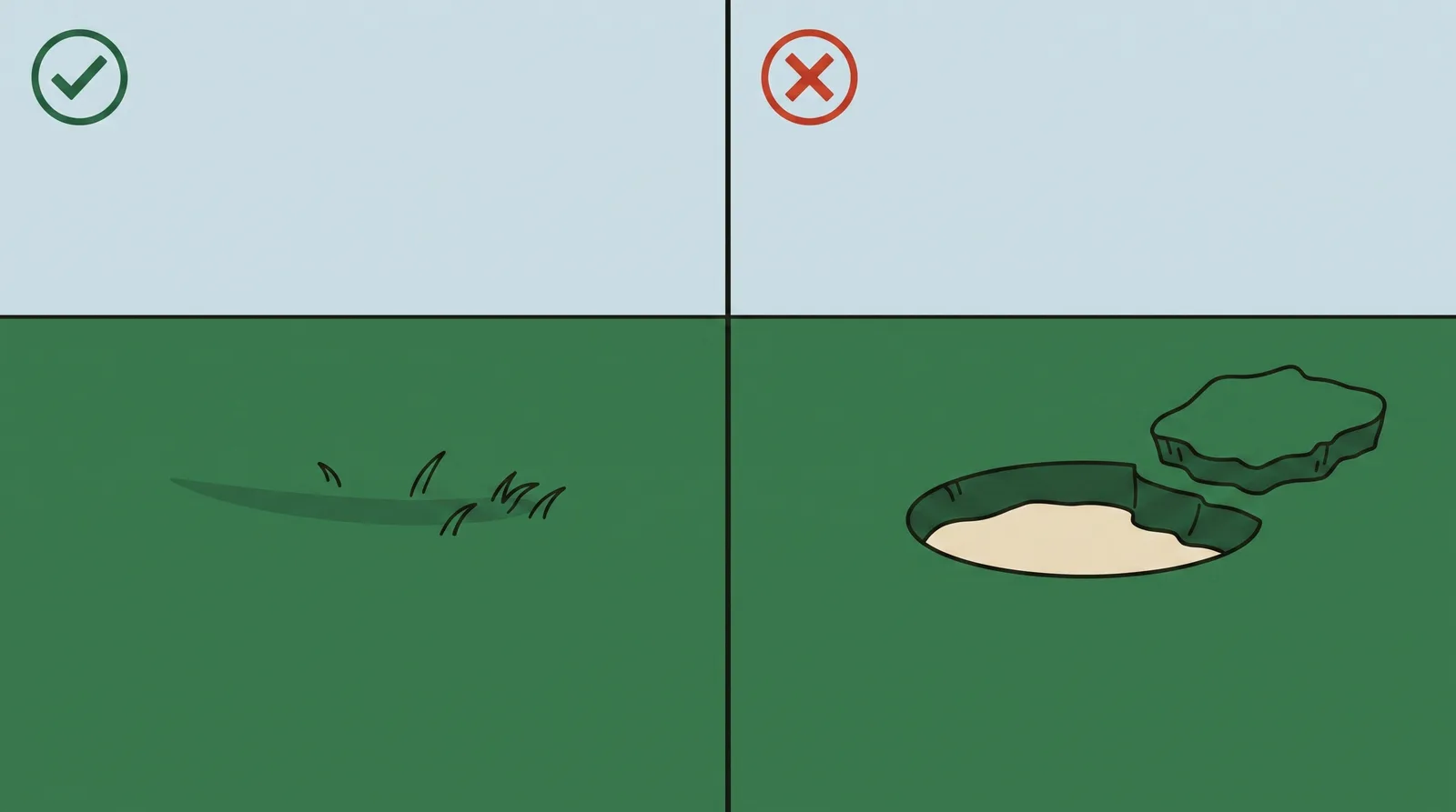 Comparison of two marks in turf, one a light shallow brush of the surface and one a deep gouge dug out of the ground