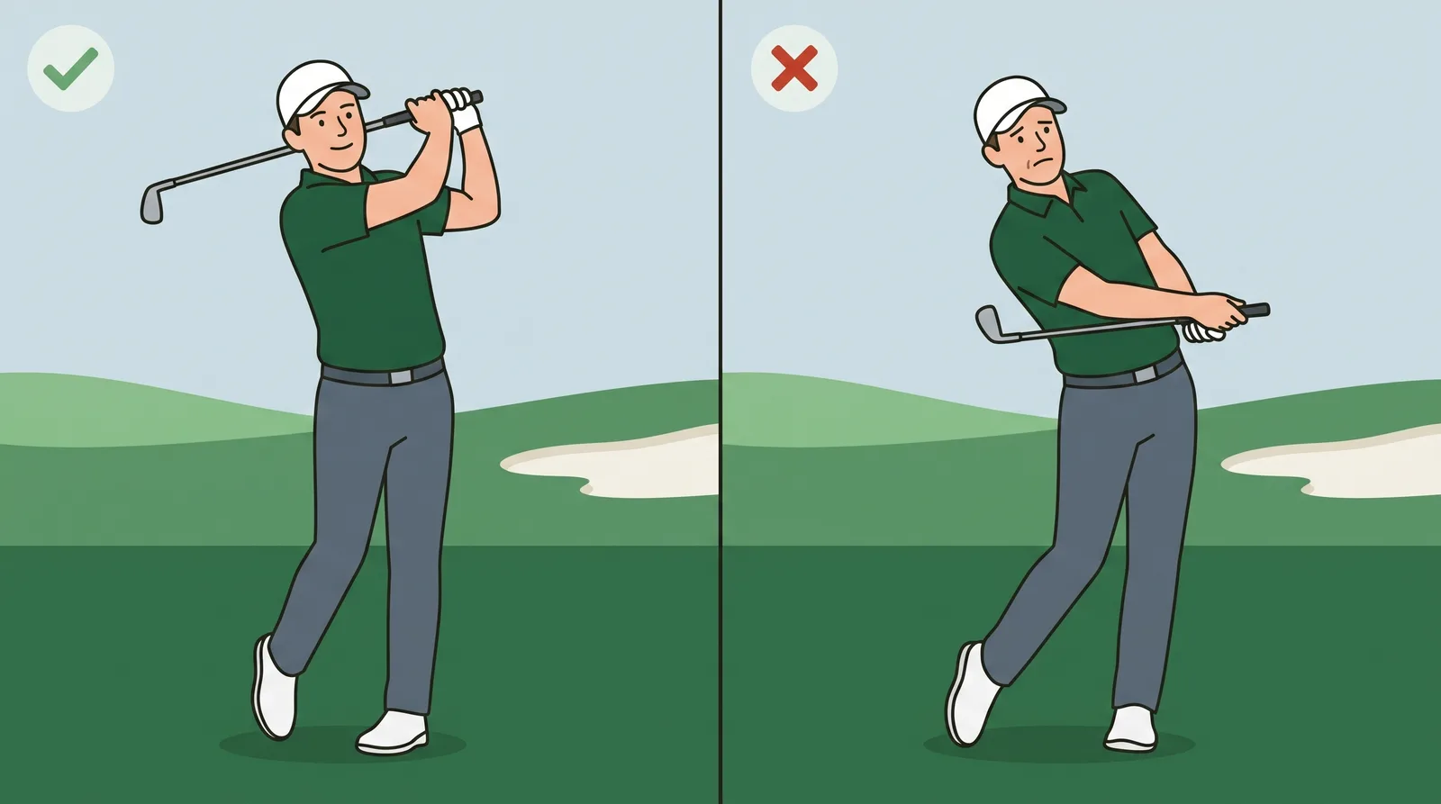 Comparison of a balanced finish with the weight on the front foot against a finish with the weight hanging back