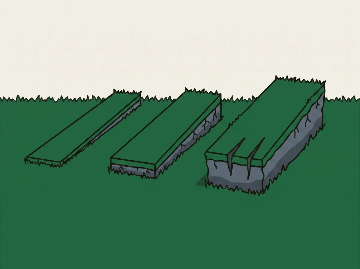 Three strips of cut turf lying side by side on grass, ranging from a thin shallow strip to a deep thick gouge