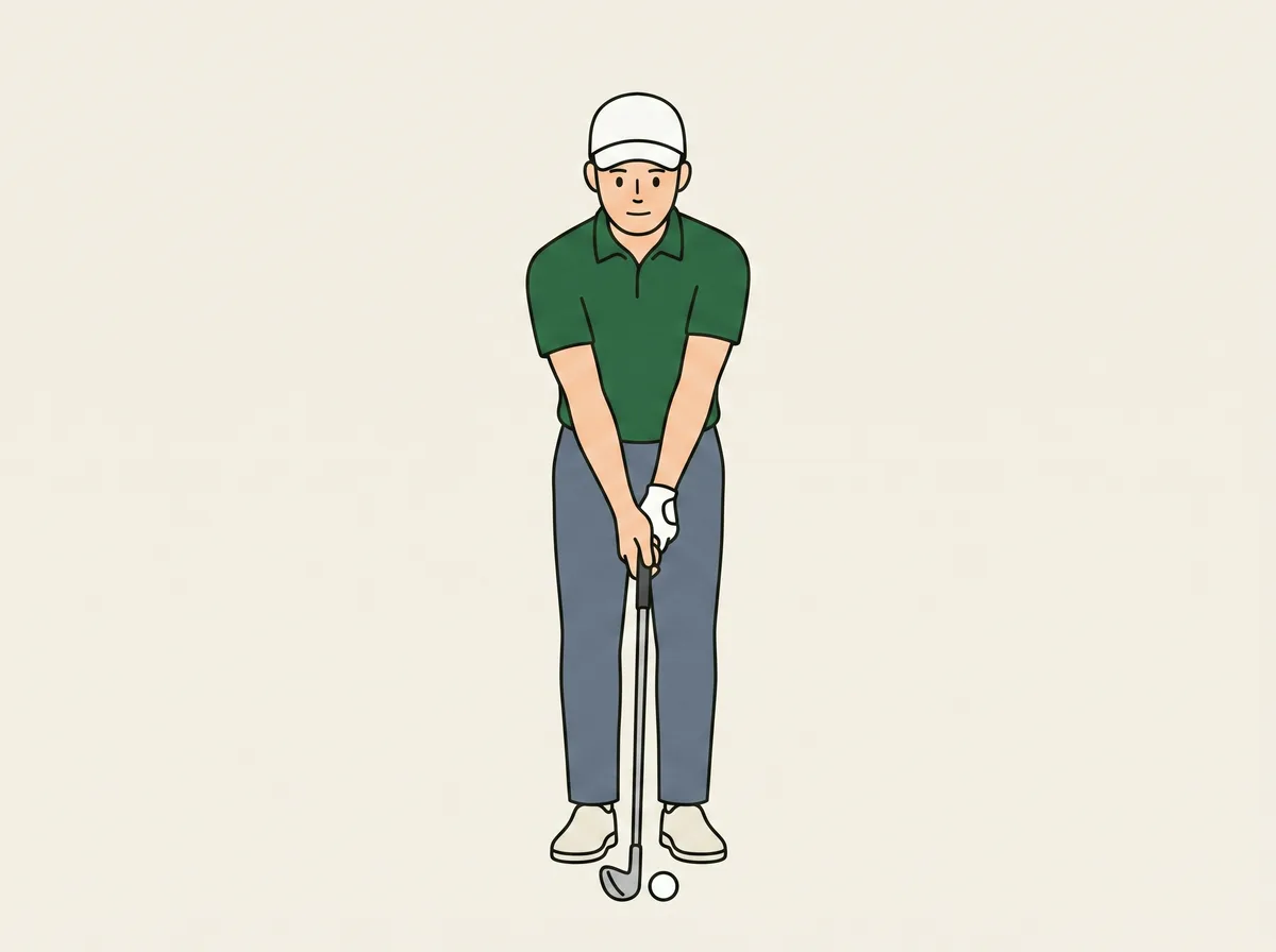 A golfer at address with their feet almost touching, holding a mid iron