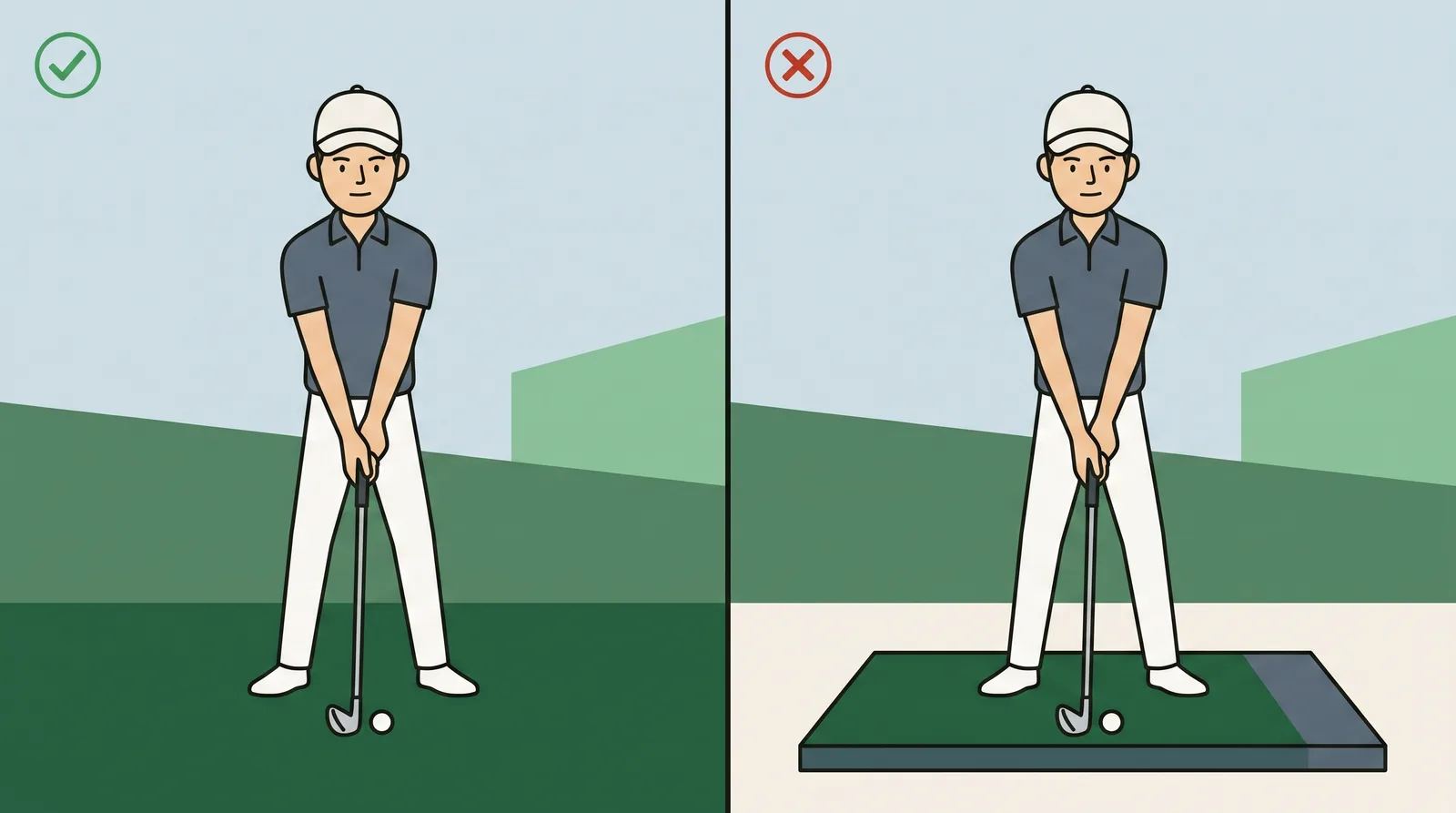 Two panels comparing a golfer practising from short natural grass and the same golfer practising from a thick artificial mat