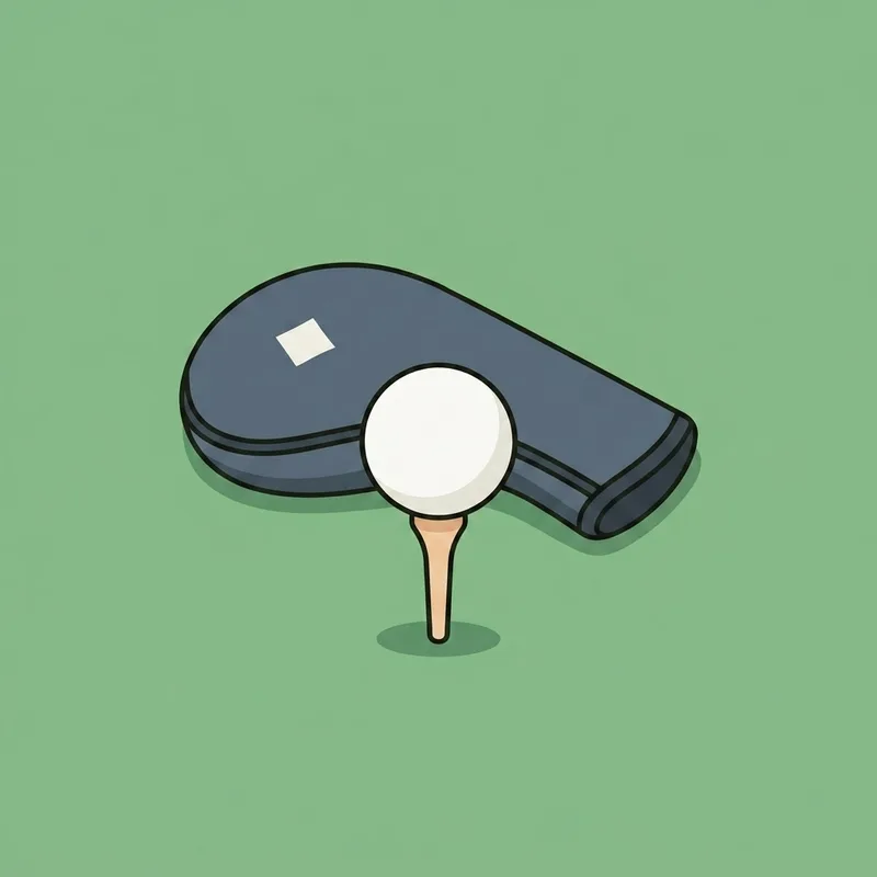 A teed golf ball on a tee box with a driver headcover resting on the grass nearby