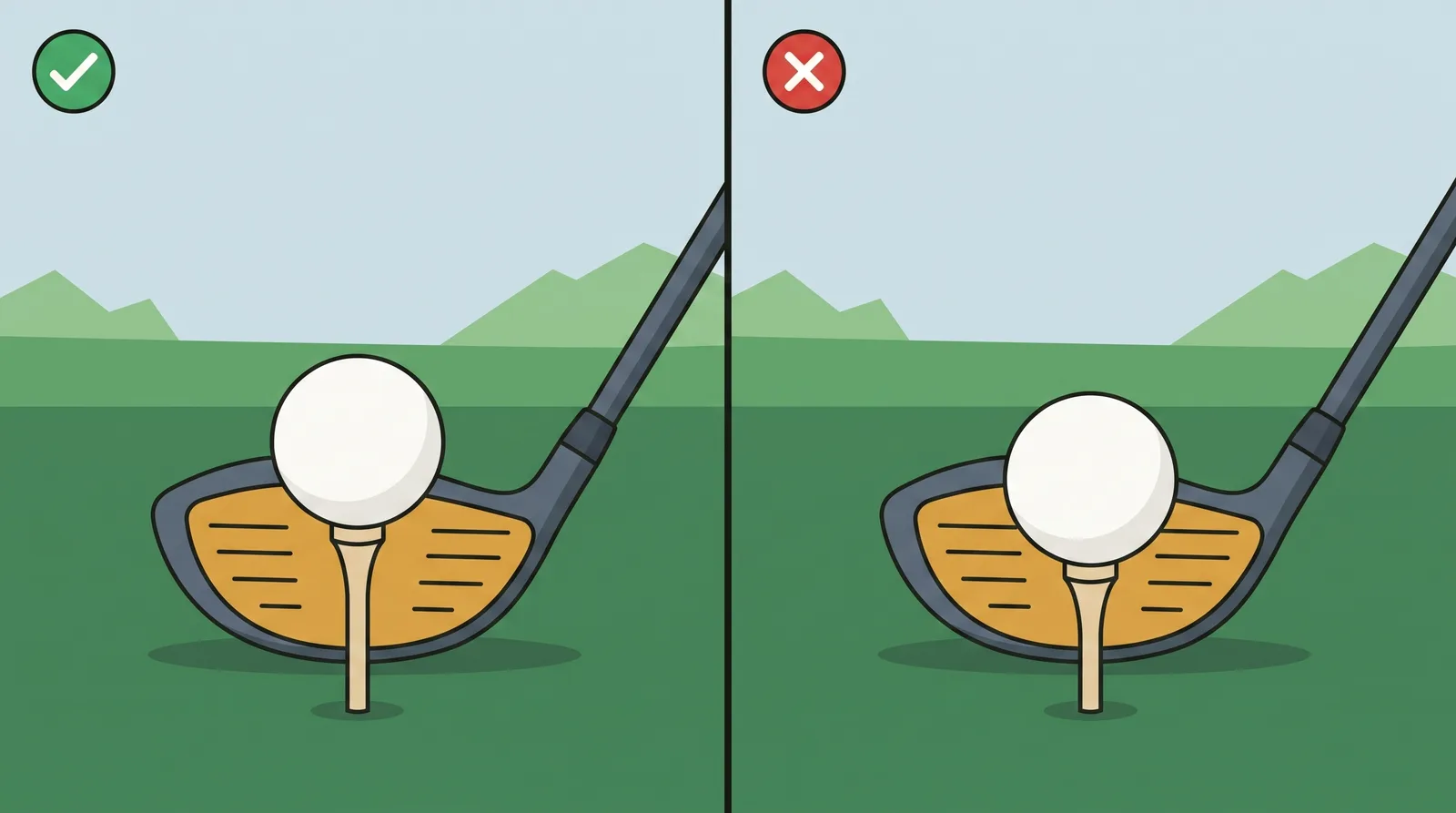 Comparison of two teed golf balls beside a driver head, one sitting with half the ball above the top edge and one sitting level with it