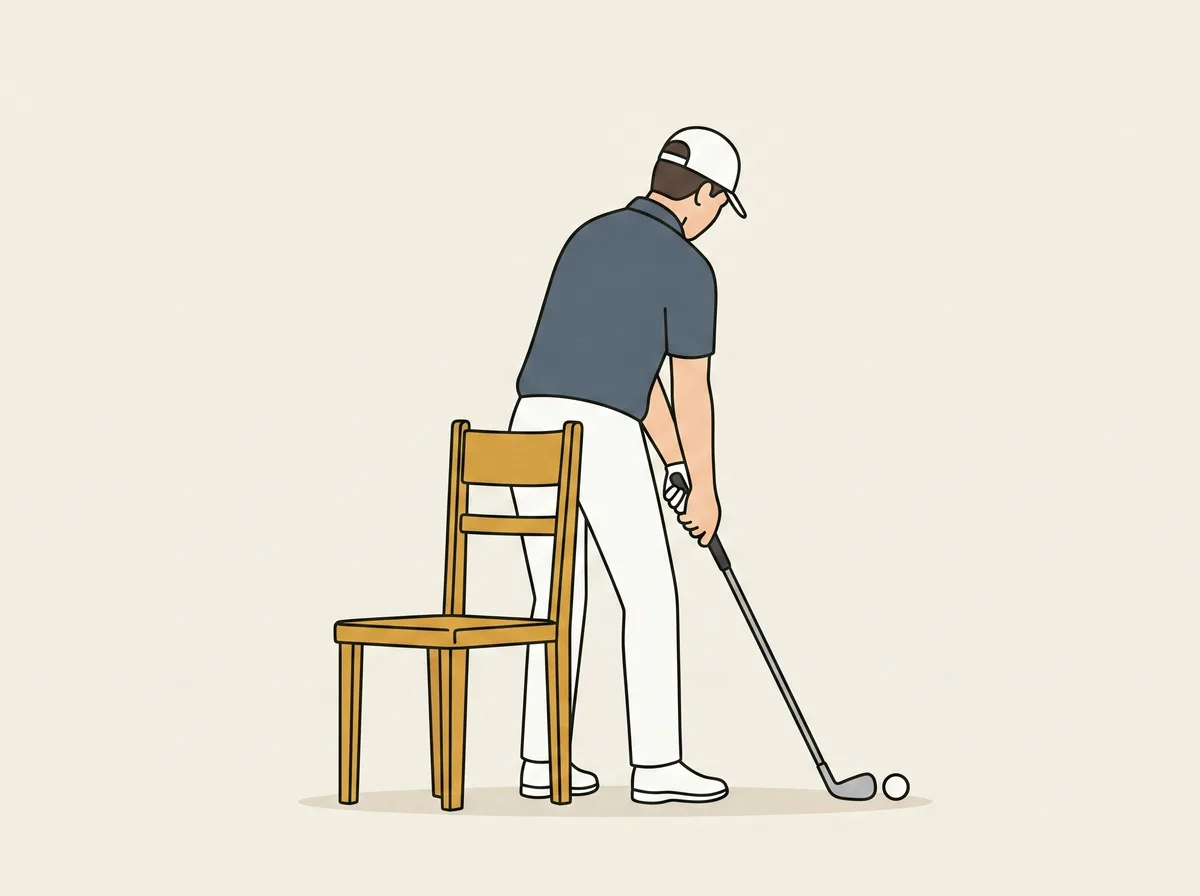 A golfer at address seen from behind with a chair positioned so the back of the chair touches their backside