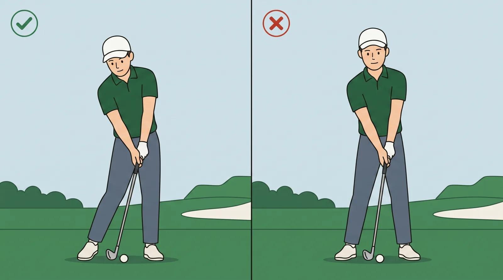 Two panels comparing a golfer who has kept the forward tilt from the hips through impact with one who has straightened up and stood tall