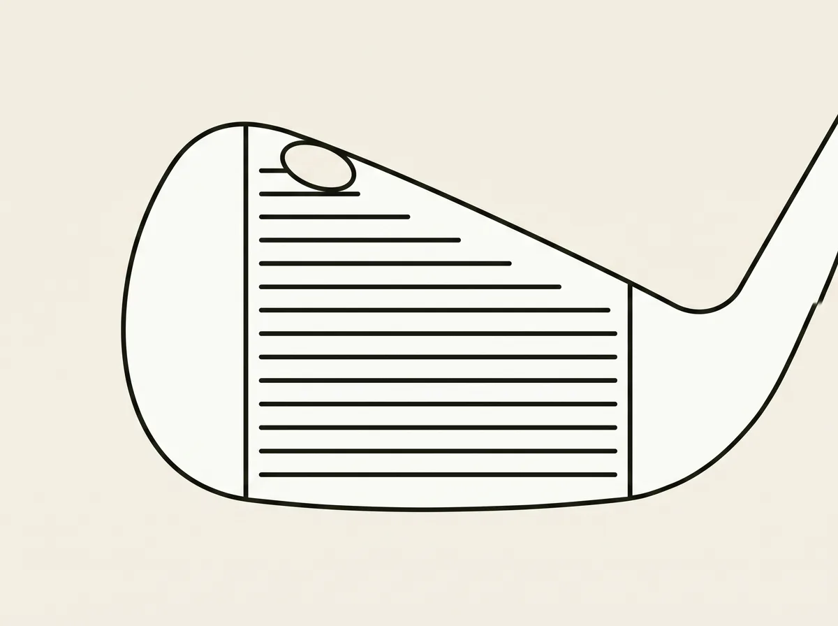 An iron clubface seen straight on with a ball mark high on the face near the top edge